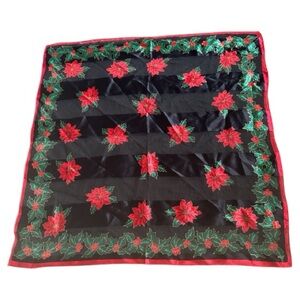 Vintage Elaine Gold Poinsettia & Holly Christmas Square silk Scarf Sheer Stripe